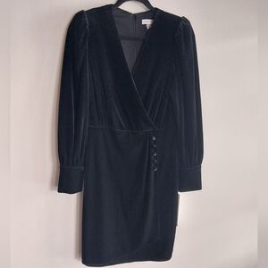 Calvin Klein Black Velevt V-Neck Bishop Puff Sleeve Midi Dress